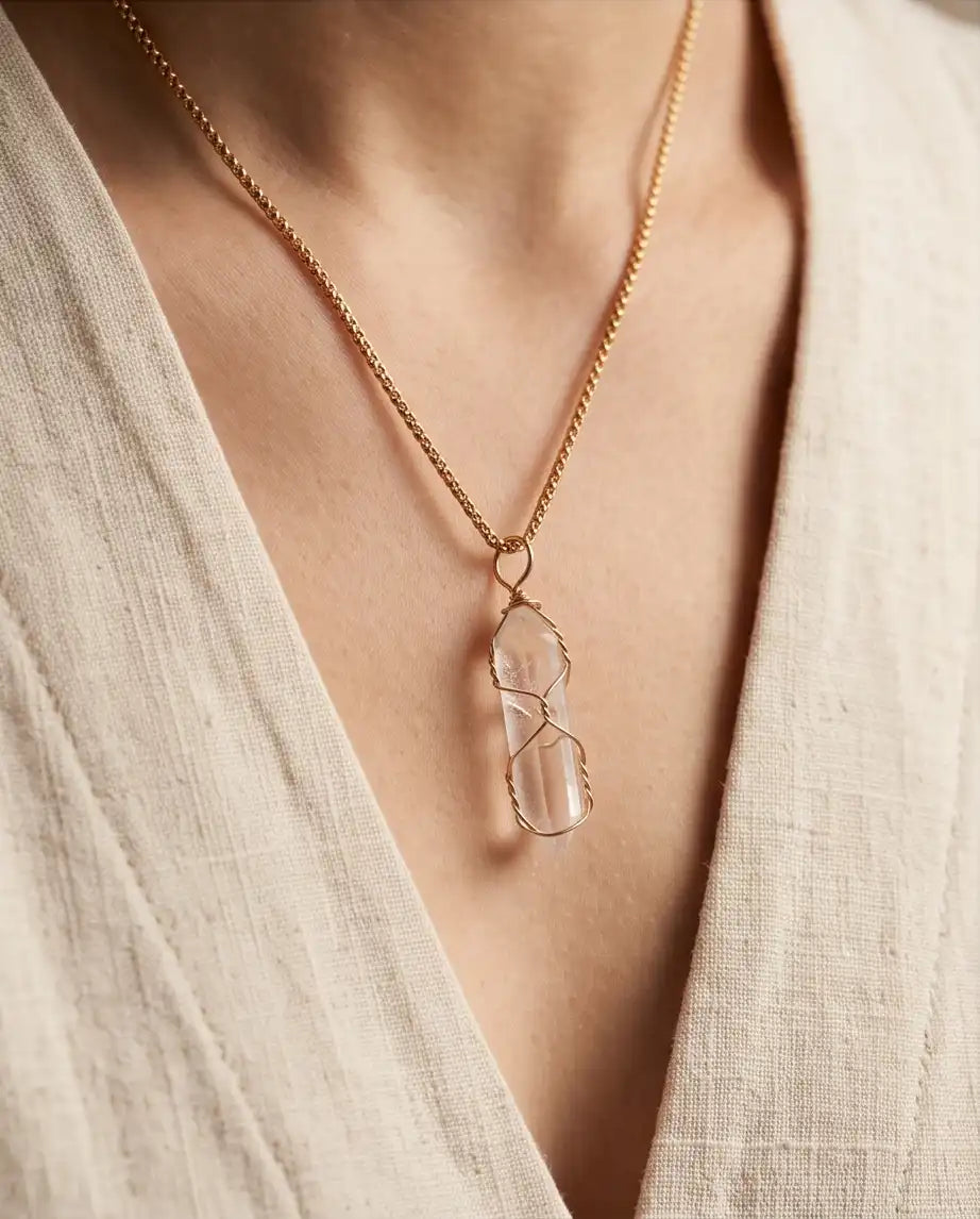 Wire-Wrapped Clear Quartz Crystal Point Pendant Box Chain