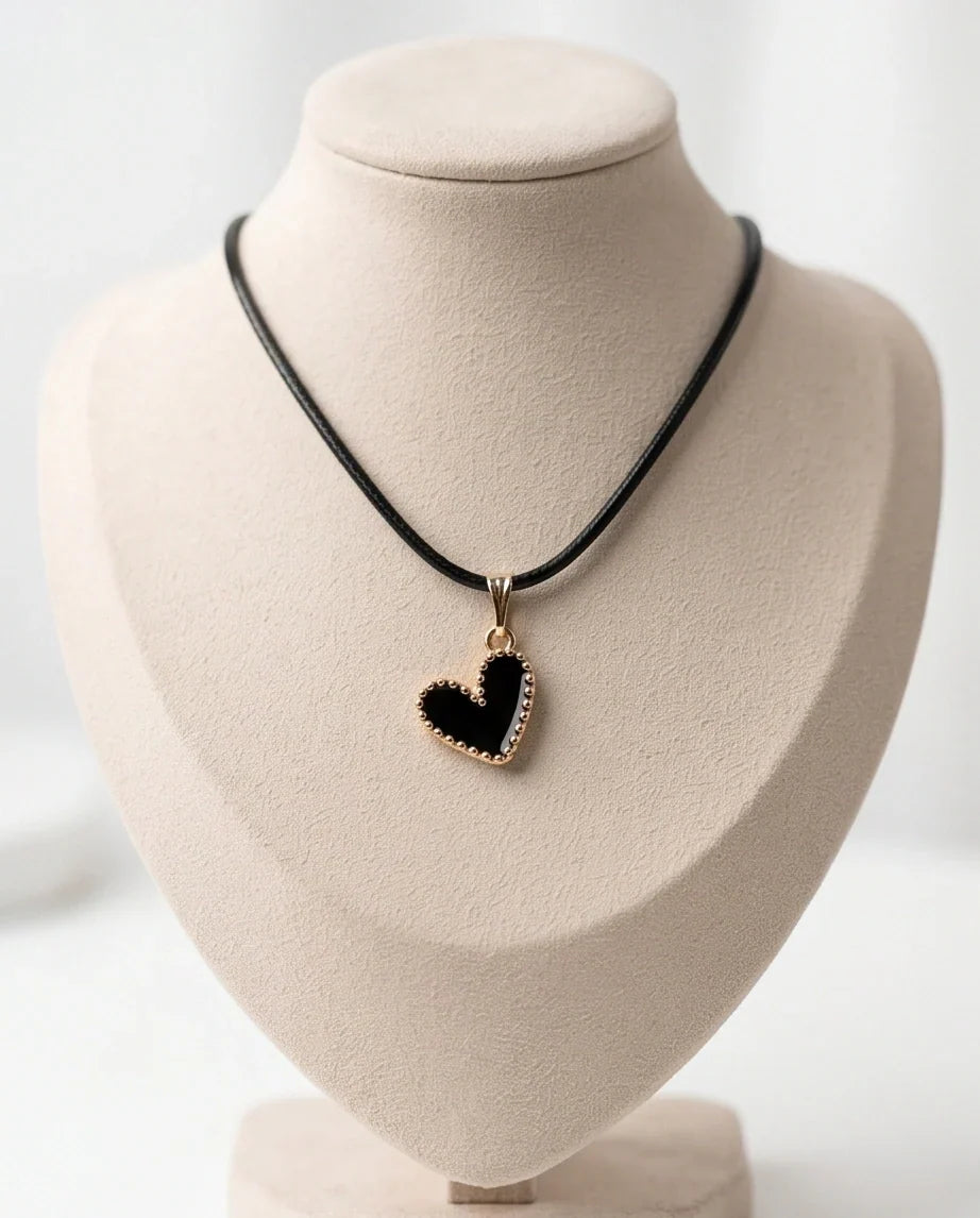 Gold Beaded Black Enamel Heart Necklace