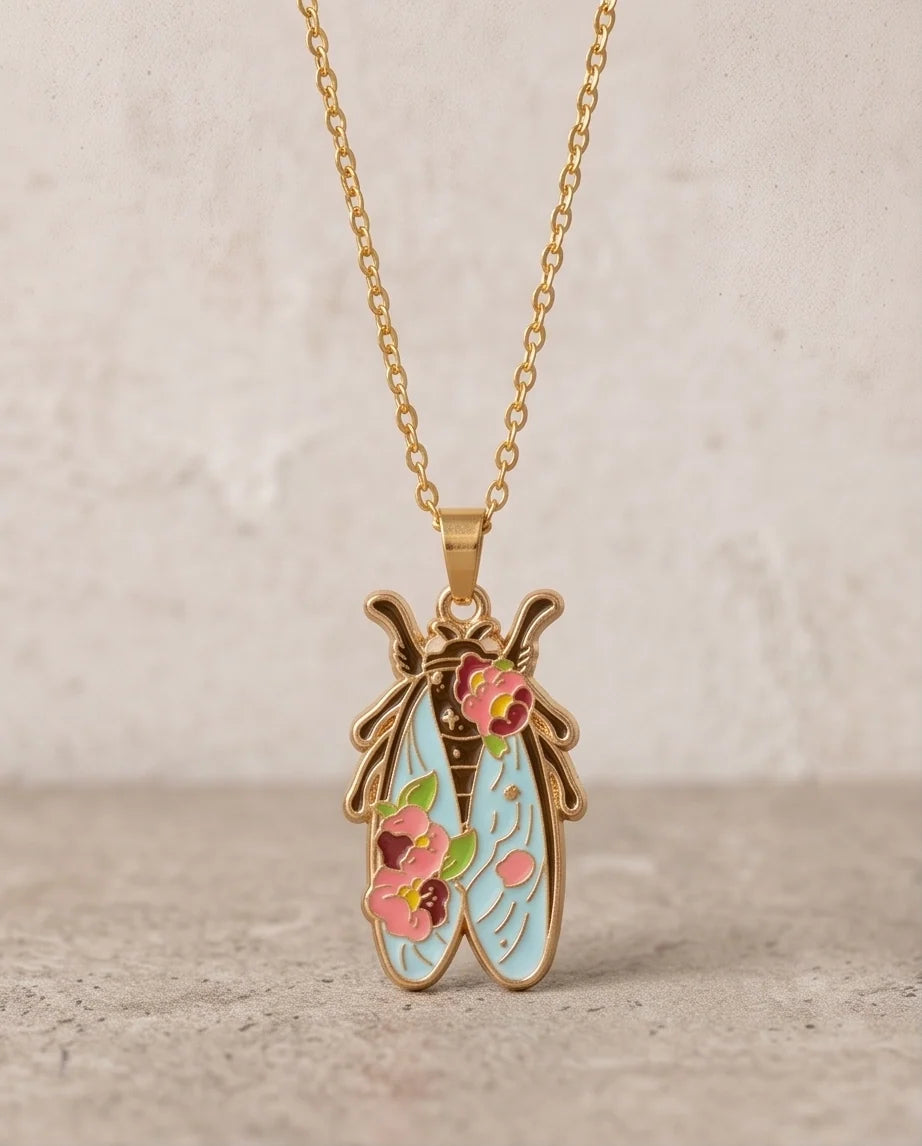 Gold Floral Cicada Enamel Chain Necklace