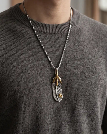 Two-Tone Eagle Claw Feather Pendant Silver Box Chain Necklace