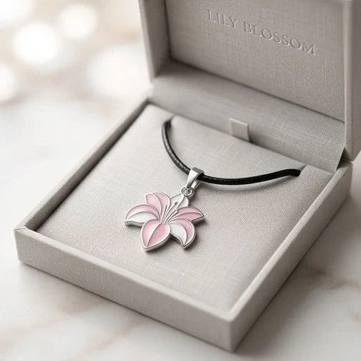 Elegant Pastel Pink and White Lily Enamel Pendant Necklace
