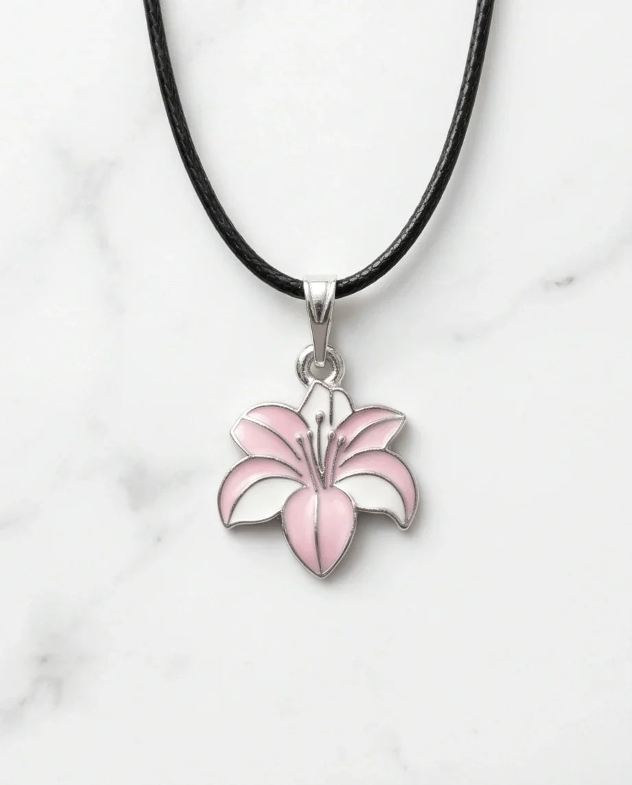 Elegant Pastel Pink and White Lily Enamel Pendant Necklace