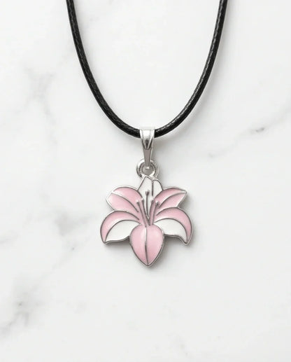 Elegant Pastel Pink and White Lily Enamel Pendant Necklace