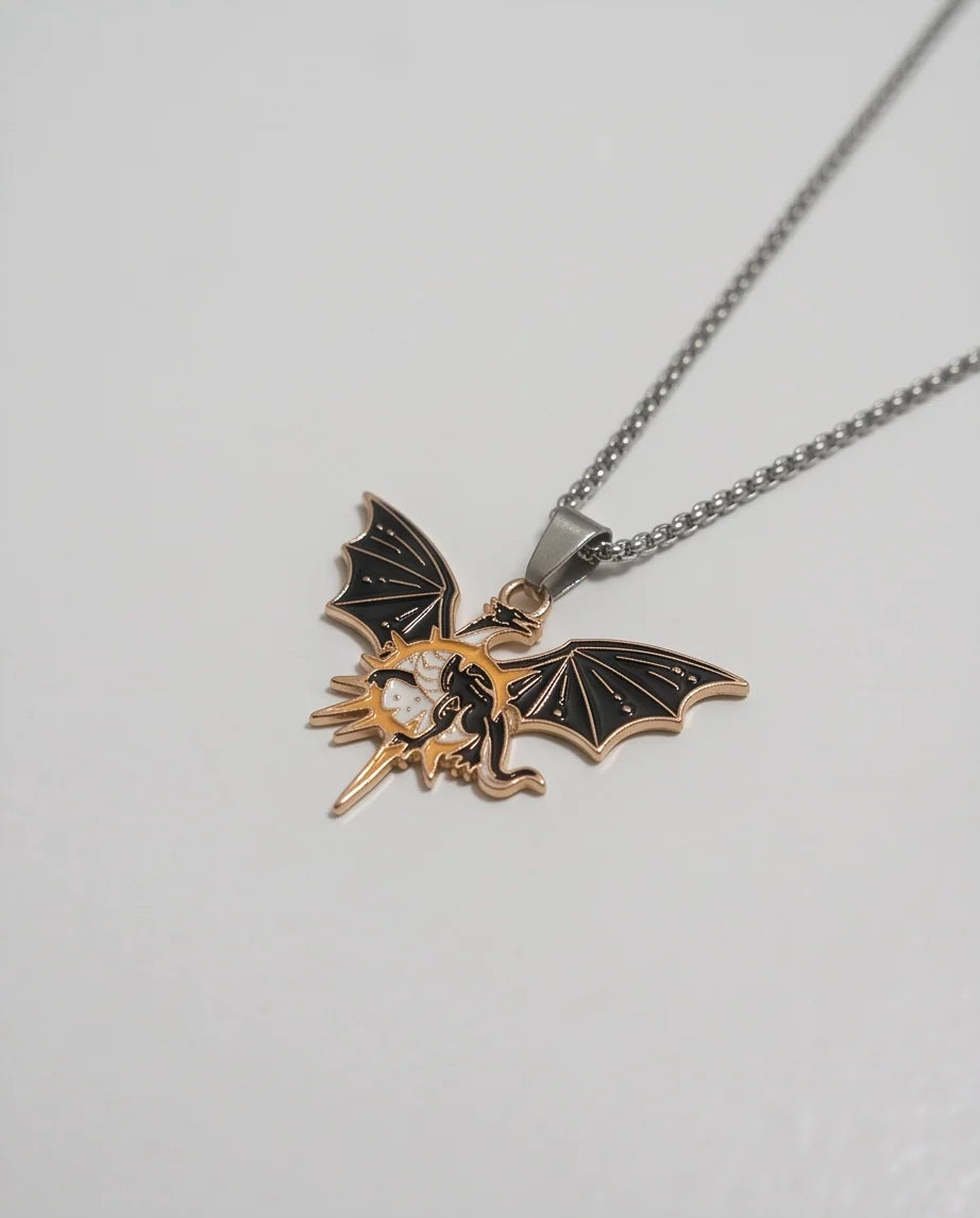 Gold Celestial Winged Dragon Enamel Pendant Necklace