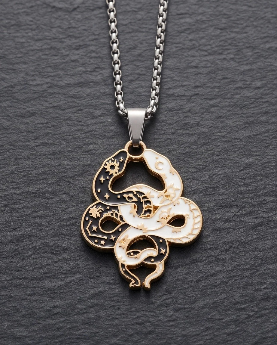 Gold Dual Serpent Celestial Enamel Pendant Necklace