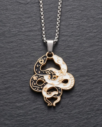 Gold Dual Serpent Celestial Enamel Pendant Necklace