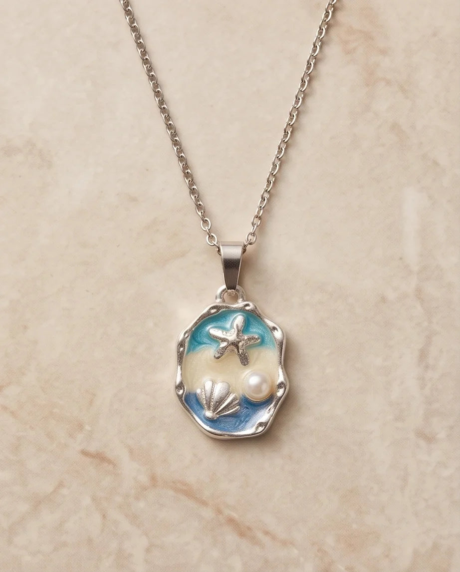 Silver Blue Seashell Starfish Pearl Enamel Medallion Chain Necklace