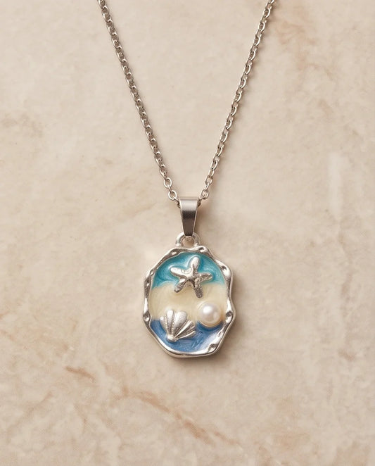 Silver Blue Seashell Starfish Pearl Enamel Medallion Chain Necklace