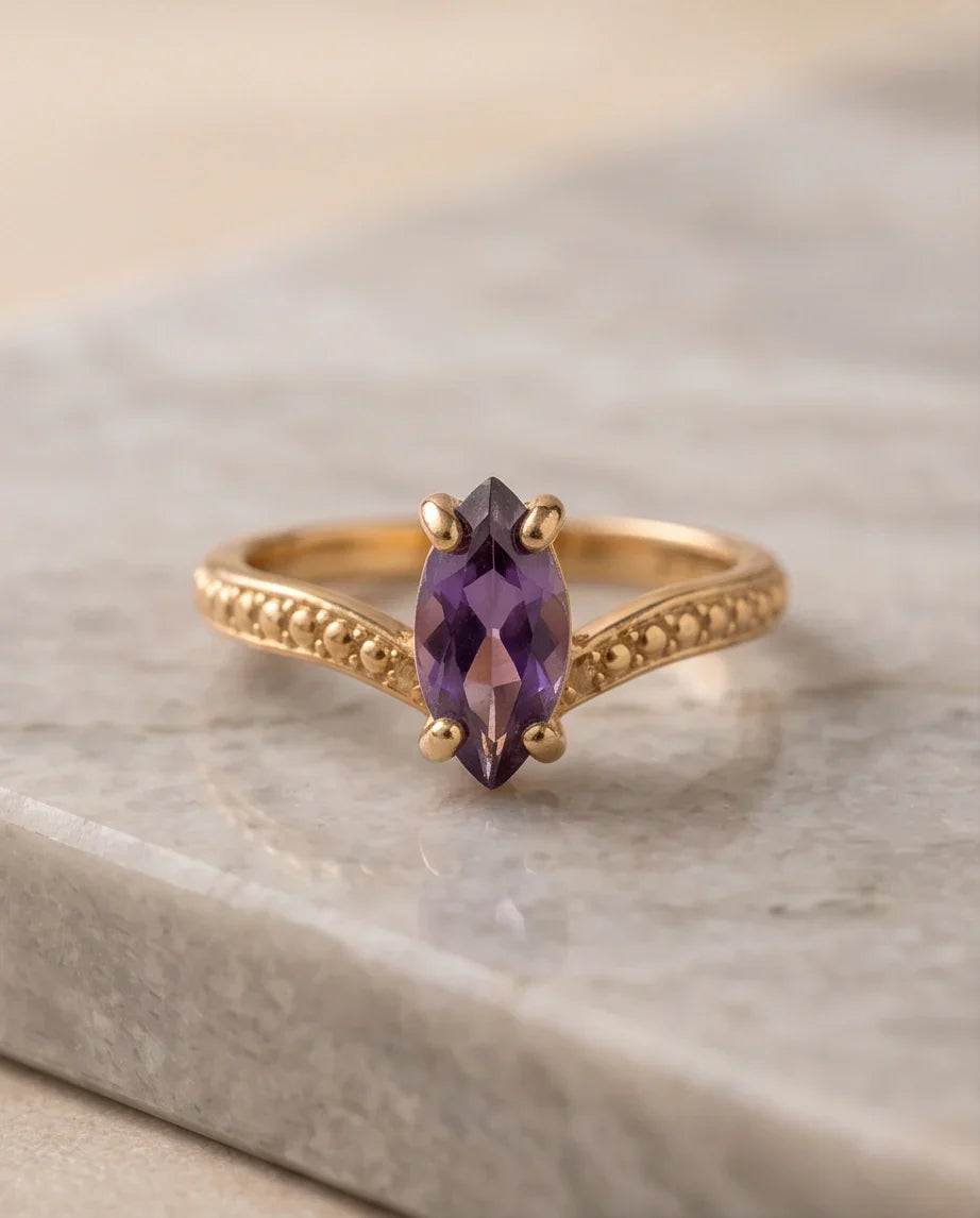 Vintage Gold Marquise Amethyst Filigree Ring