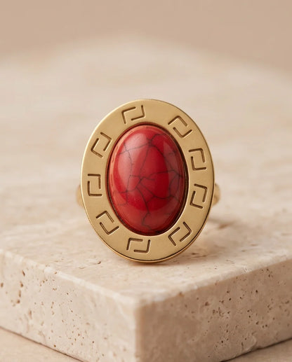 Solstice Greek Key Crimson Cabochon Ring