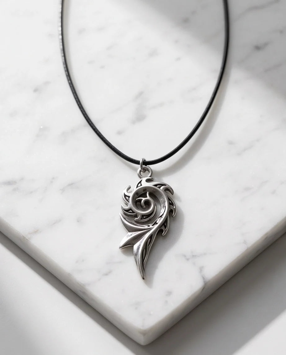 Silver Tribal Swirl Flame Cord Necklace