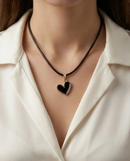 Gold Beaded Black Enamel Heart Necklace