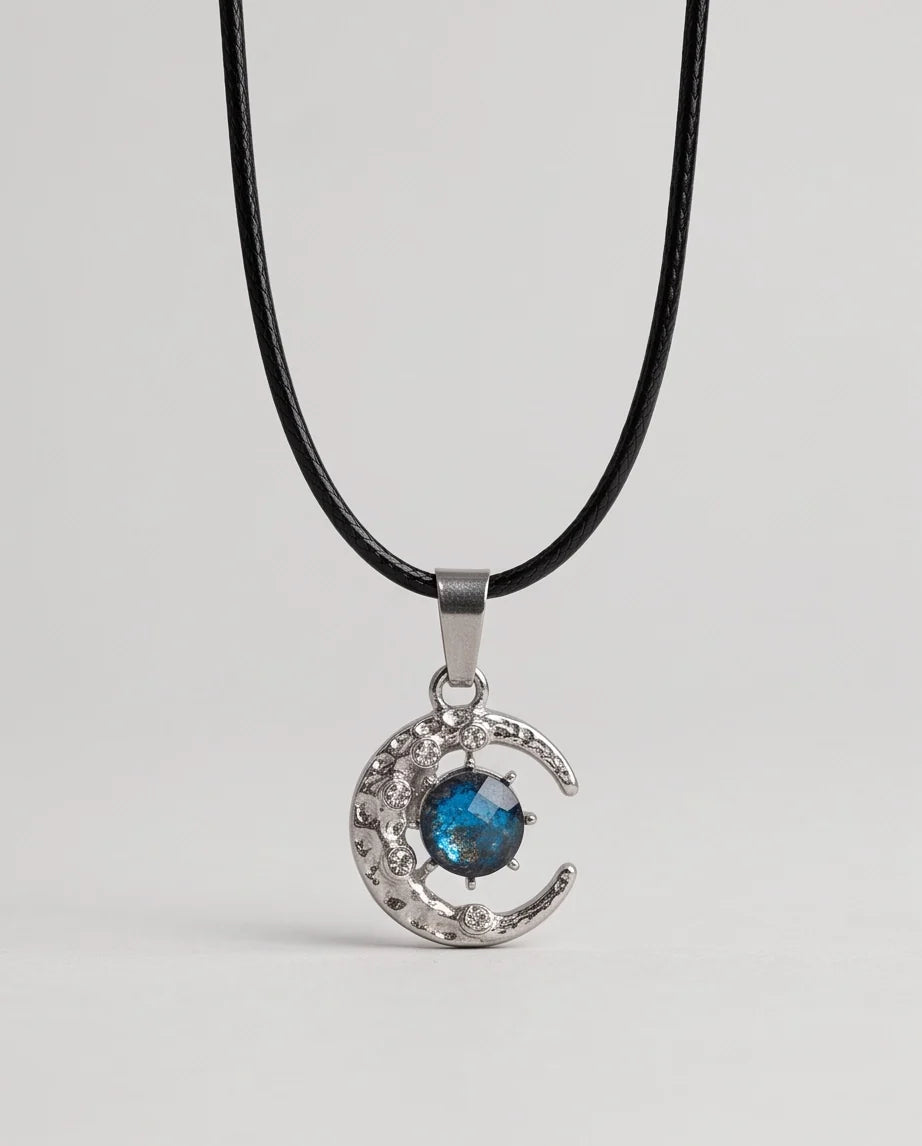 Silver Hammered Crescent Moon Galaxy Stone Pendant Necklace