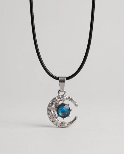 Silver Hammered Crescent Moon Galaxy Stone Pendant Necklace