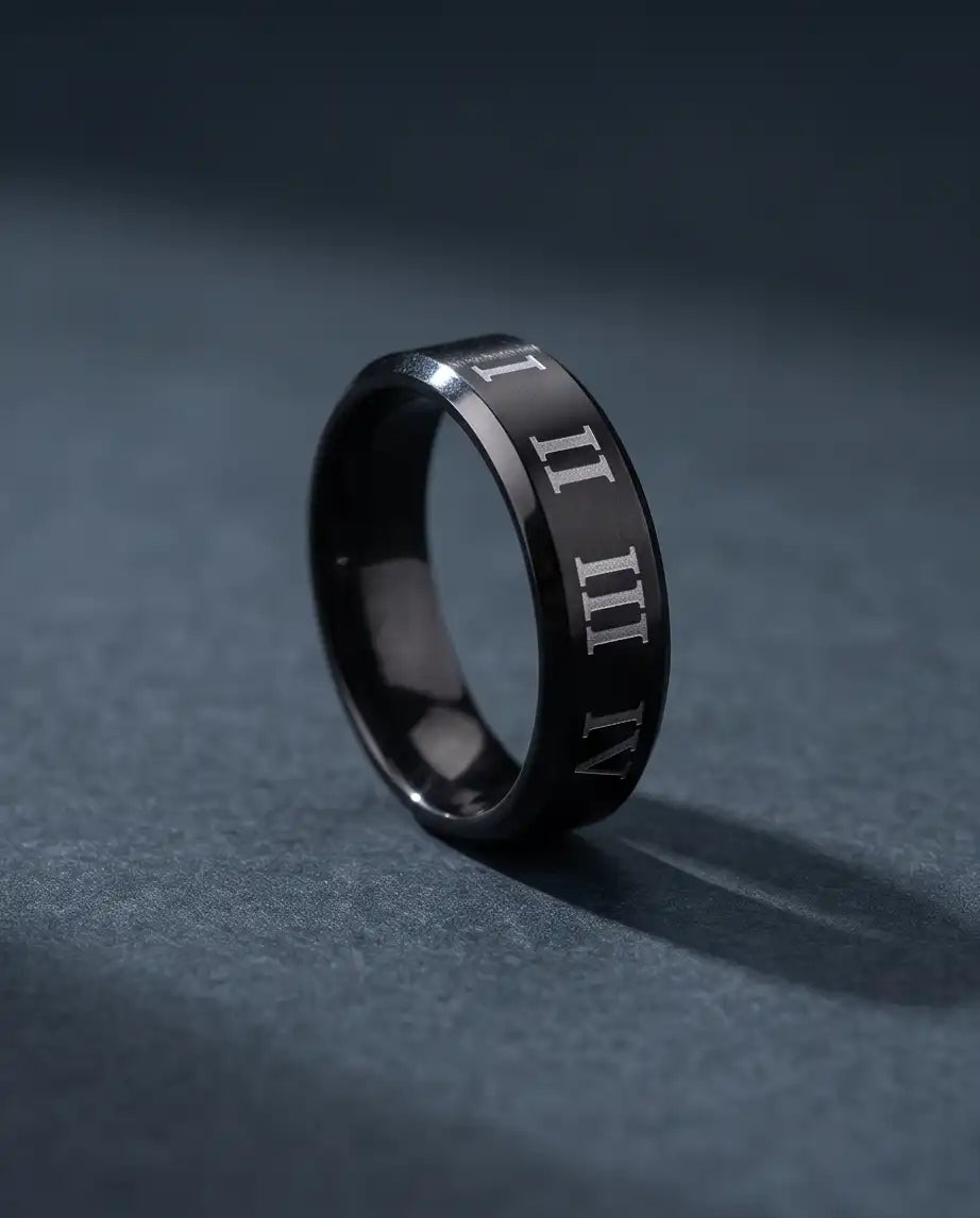 Black Roman Numeral Engraved Band Ring