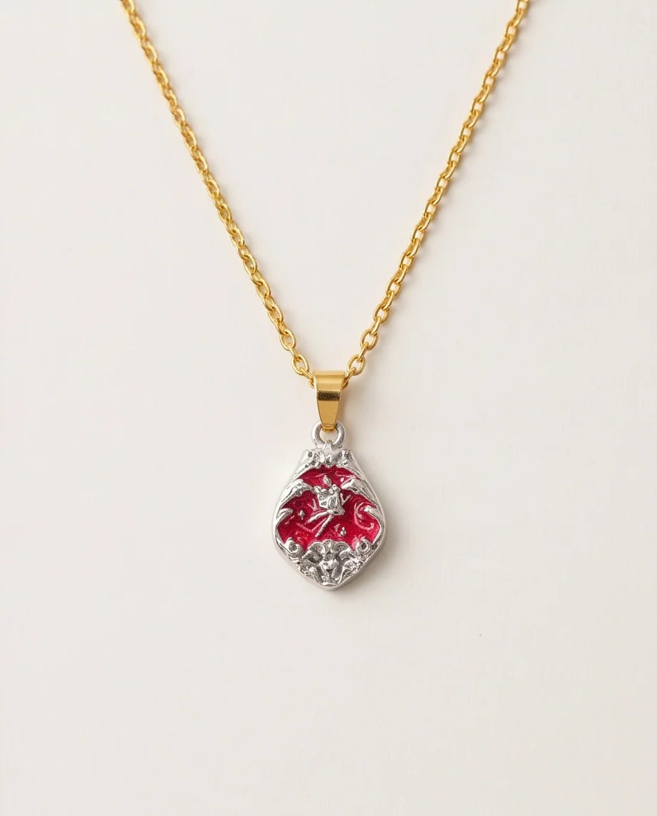 Silver Vintage Cherub Red Enamel Teardrop Pendant Necklace