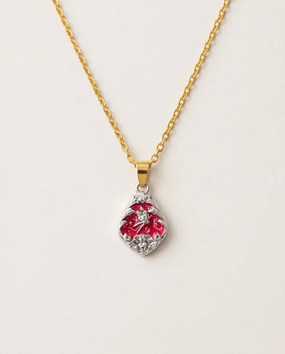 Silver Vintage Cherub Red Enamel Teardrop Pendant Necklace