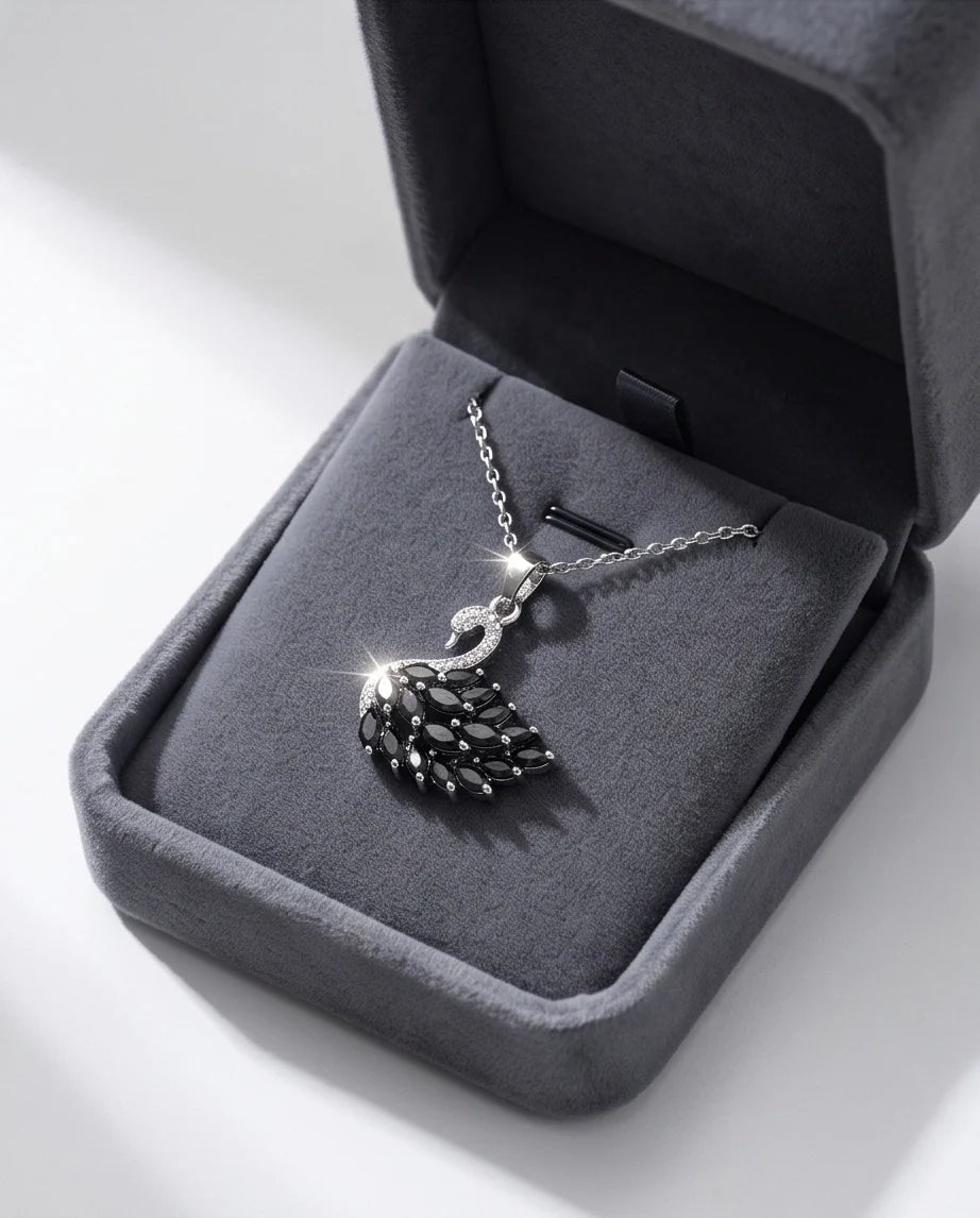 Silver Black Crystal Swan Necklace
