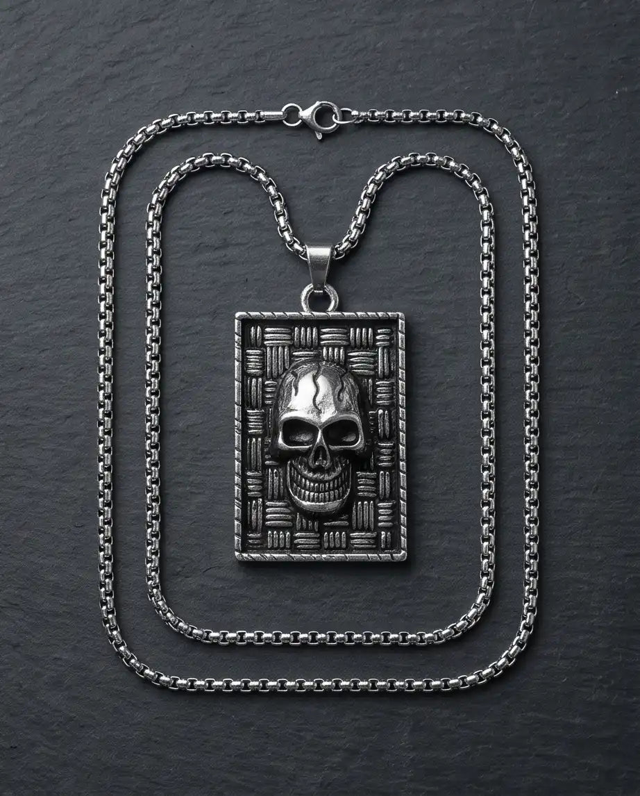 Gothic Skull Basketweave Tag Silver Box Chain Necklace
