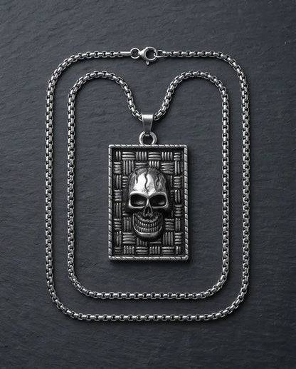 Gothic Skull Basketweave Tag Silver Box Chain Necklace