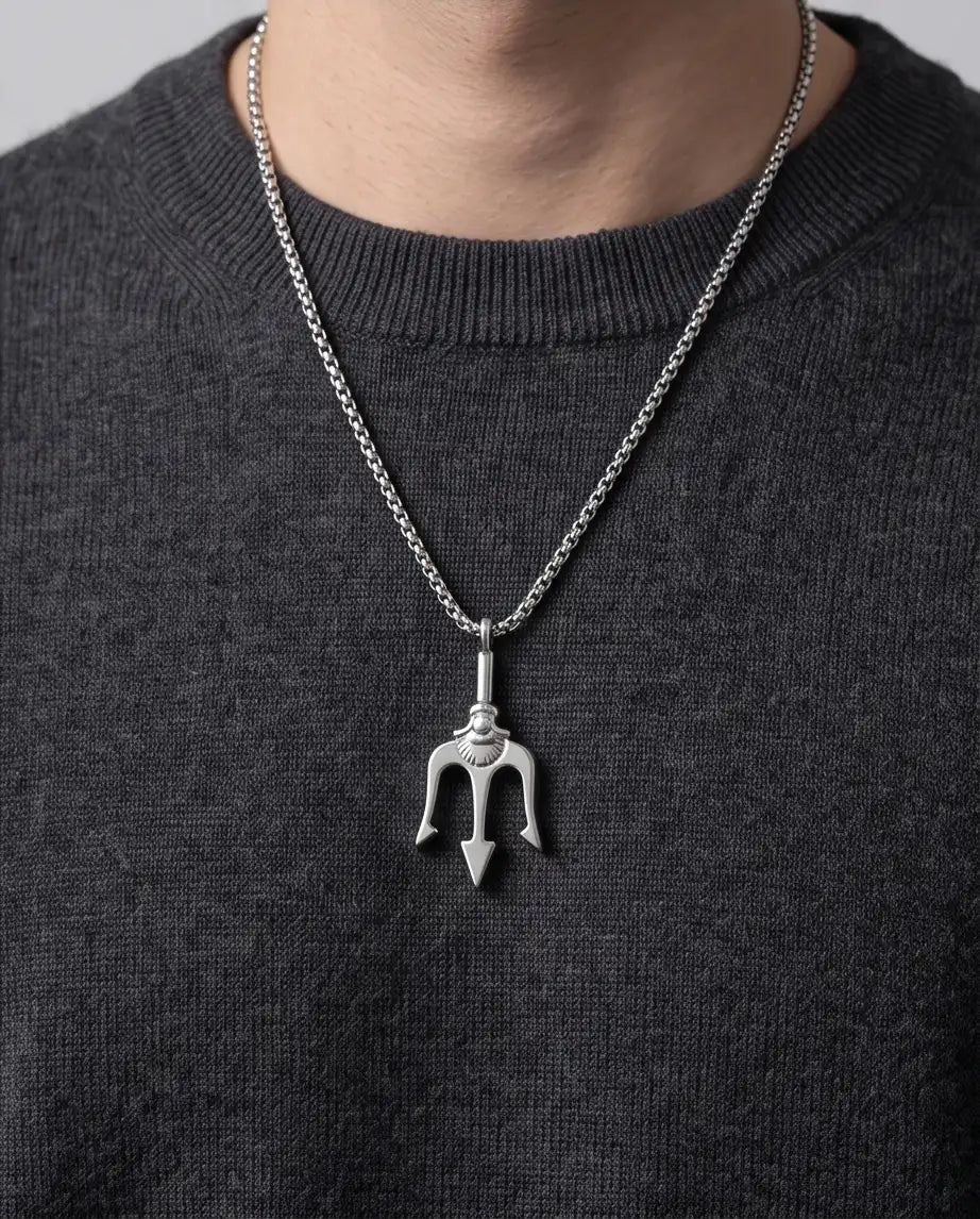 Trident Spear Pendant Silver Box Chain Necklace