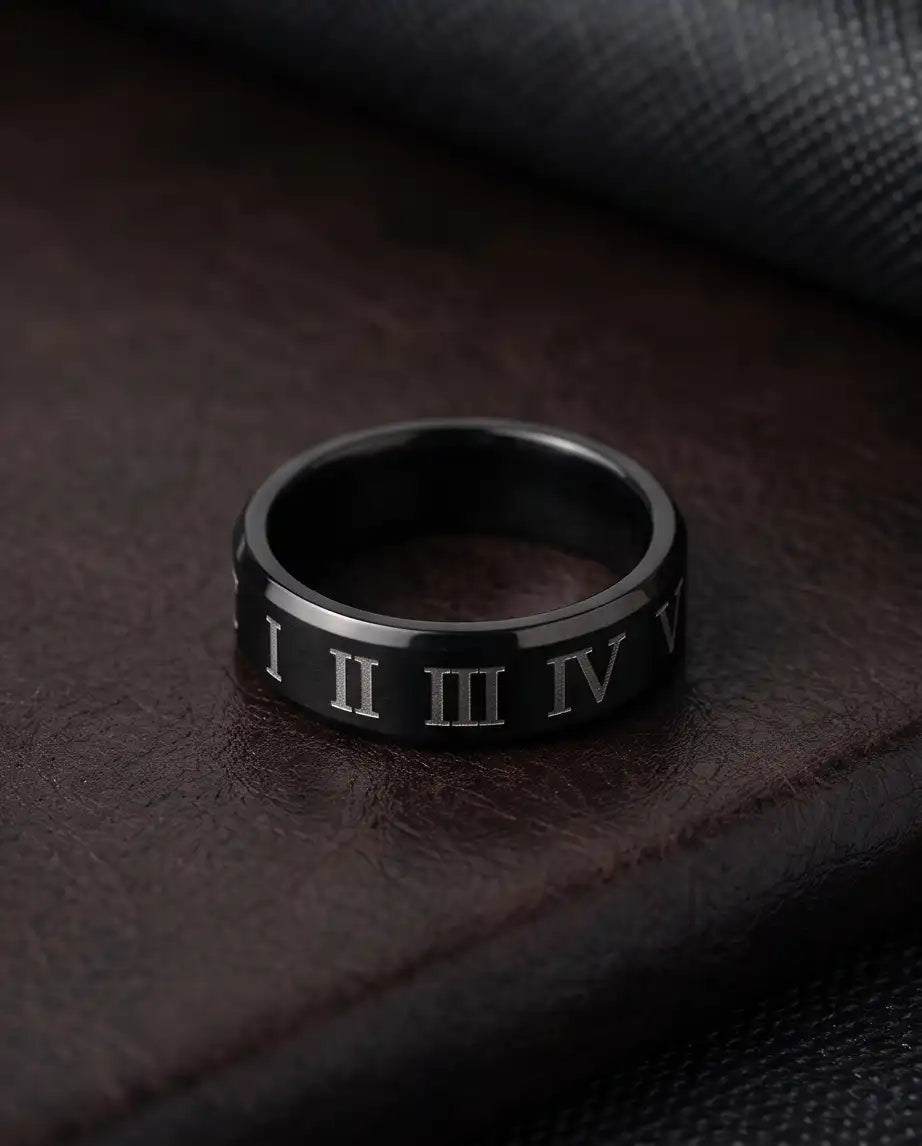 Black Roman Numeral Engraved Band Ring