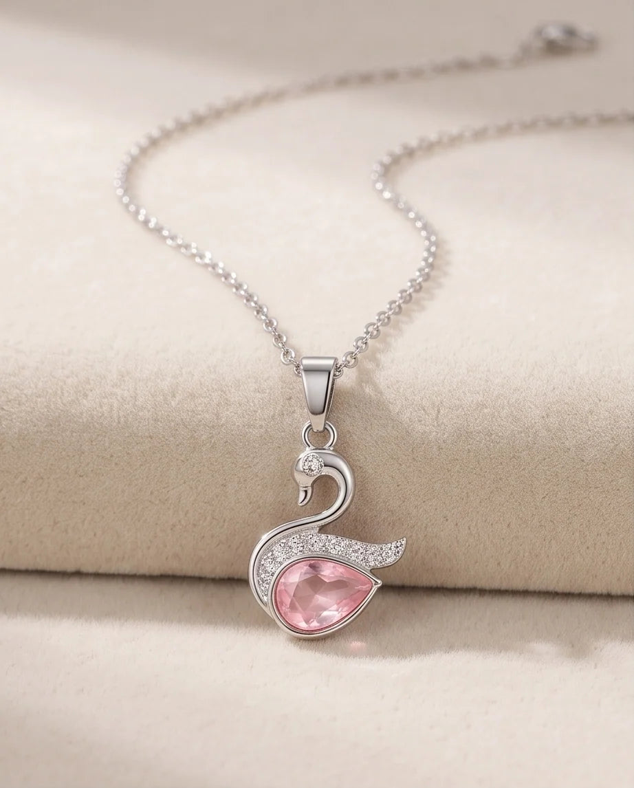 Silver Pink Crystal Swan Pendant Necklace