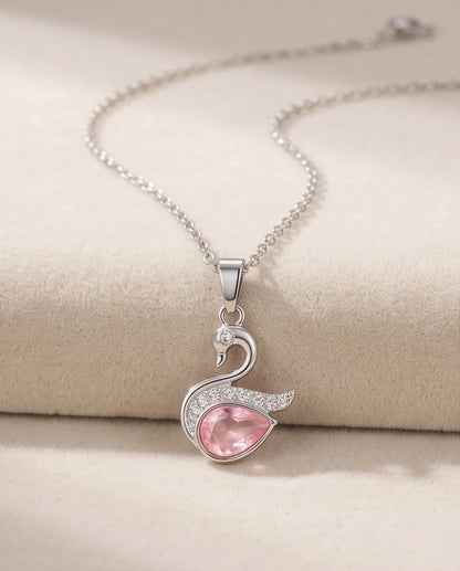 Silver Pink Crystal Swan Pendant Necklace