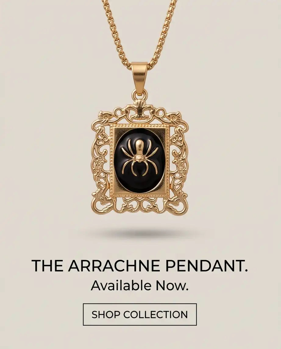 Ornate Golden Spider Filigree Cameo Pendant Box Chain