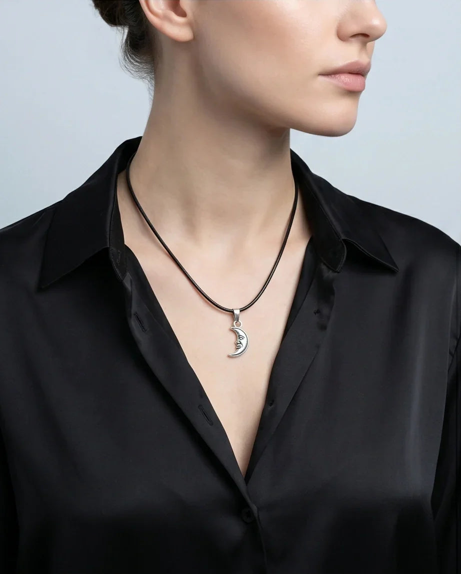 Silver Vintage Crescent Moon Face Necklace