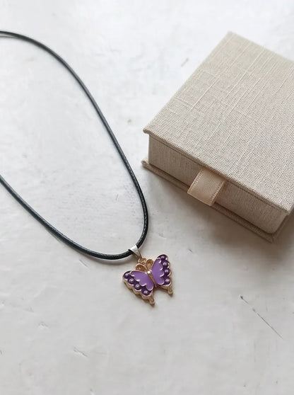 Purple Enamel Butterfly Pendant Necklace