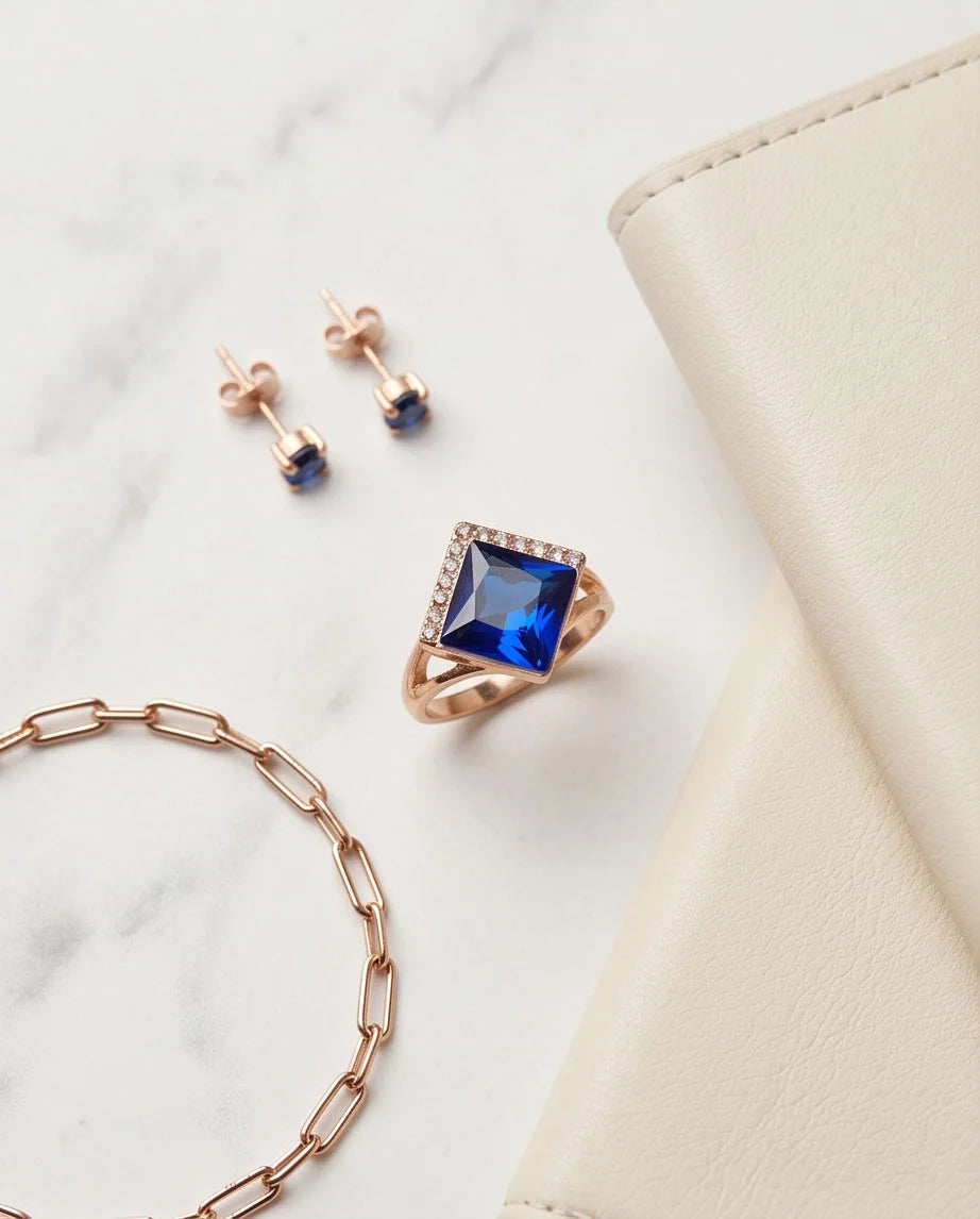 Gold Sapphire Princess-Cut Halo Ring