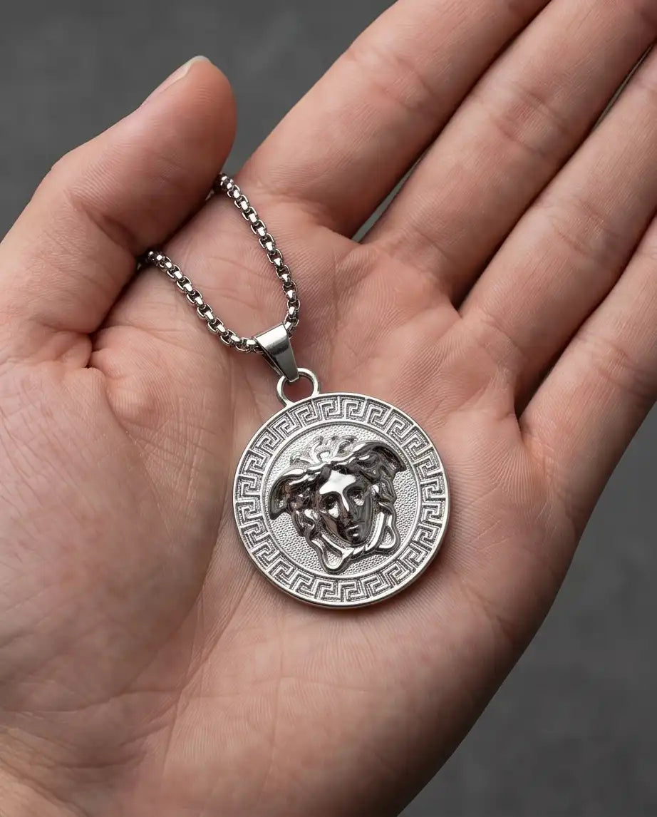 Greek Medusa Gorgon Medallion Pendant Box Chain