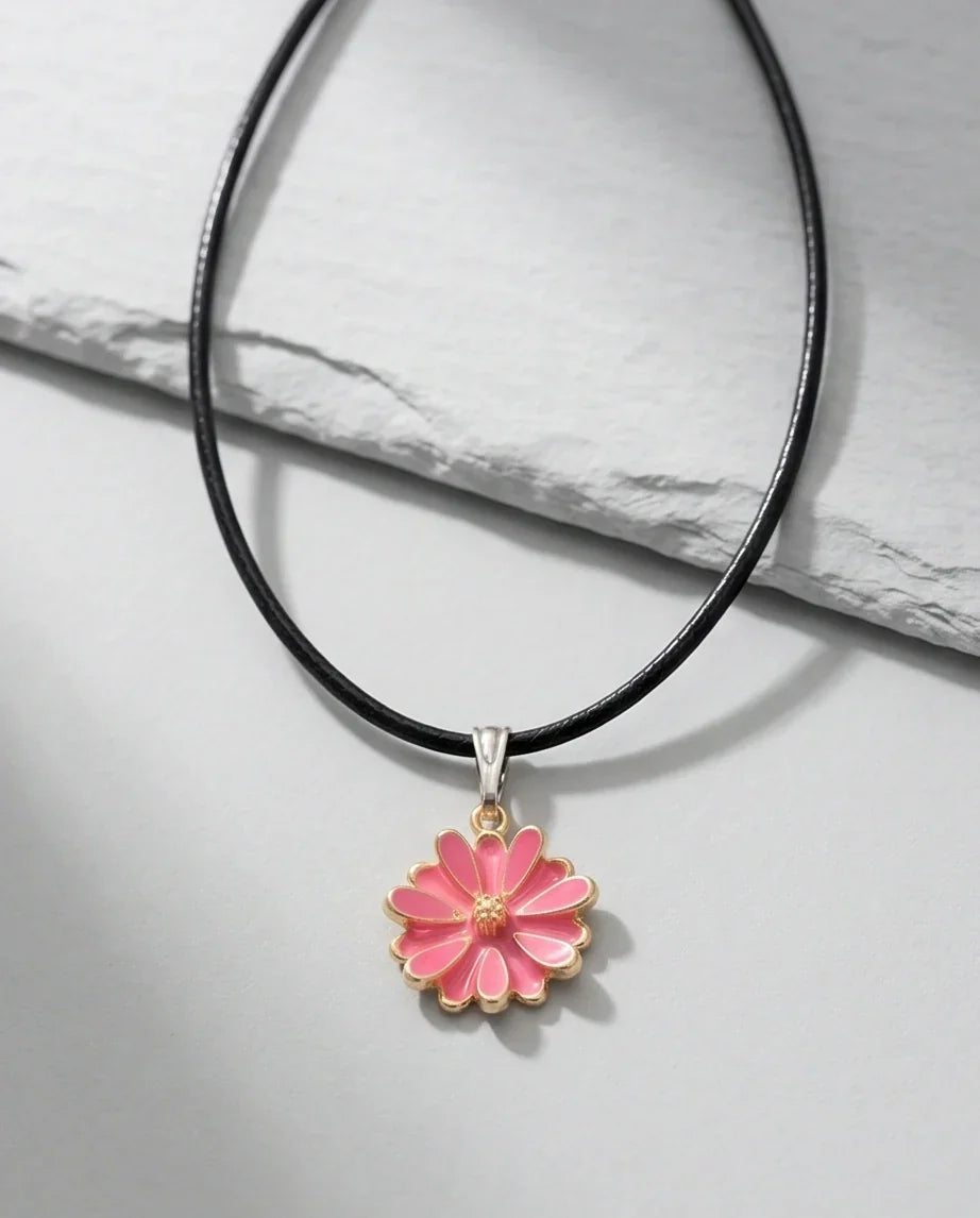 Pink Enamel Sunflower Pendant Necklace