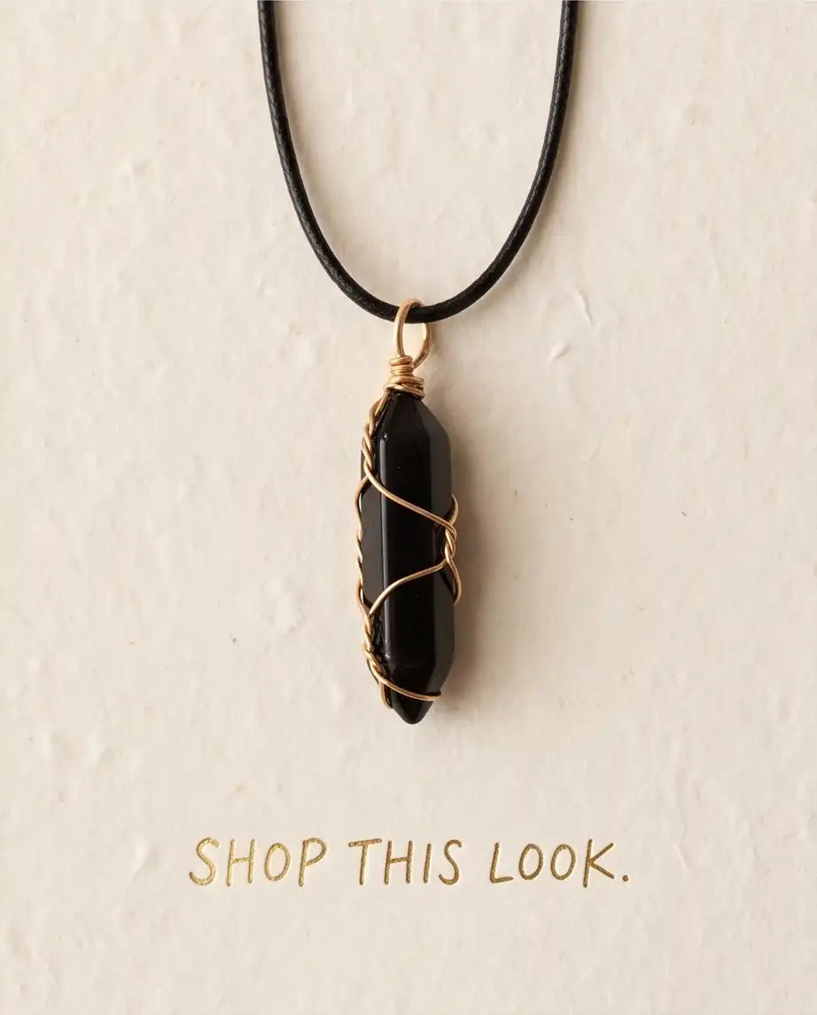 Wire-Wrapped Black Obsidian Crystal Point Pendant Box Chain