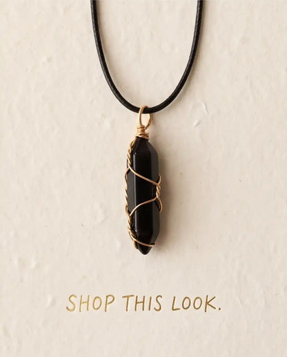 Wire-Wrapped Black Obsidian Crystal Point Pendant Box Chain