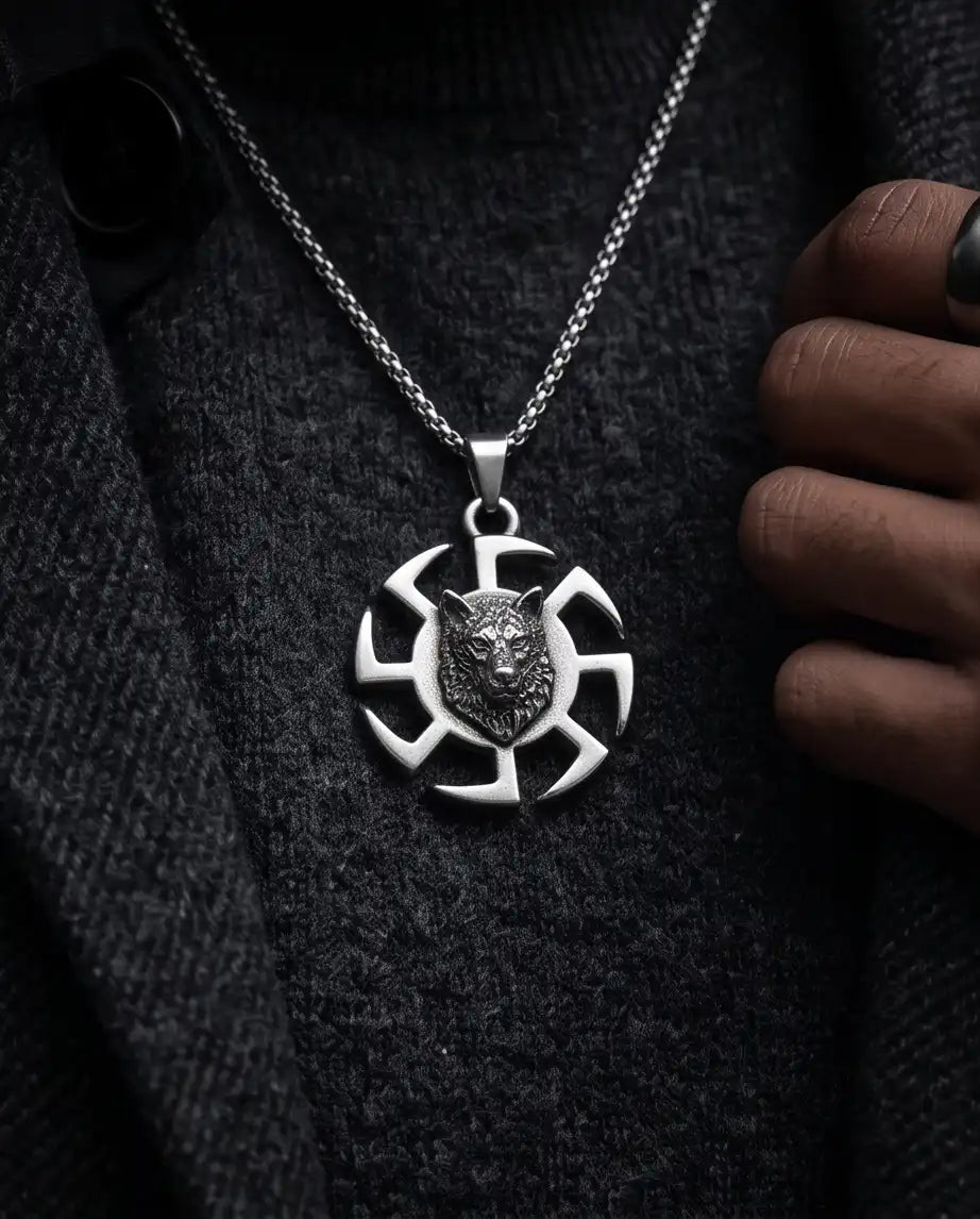 Black Sun Wolf Medallion Pendant Box Chain