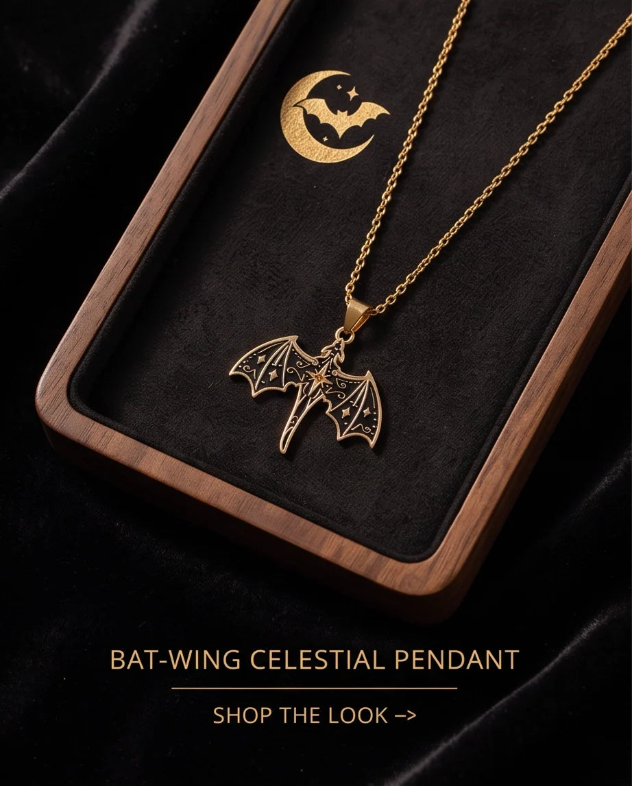 Gold Celestial Bat Enamel Pendant Necklace