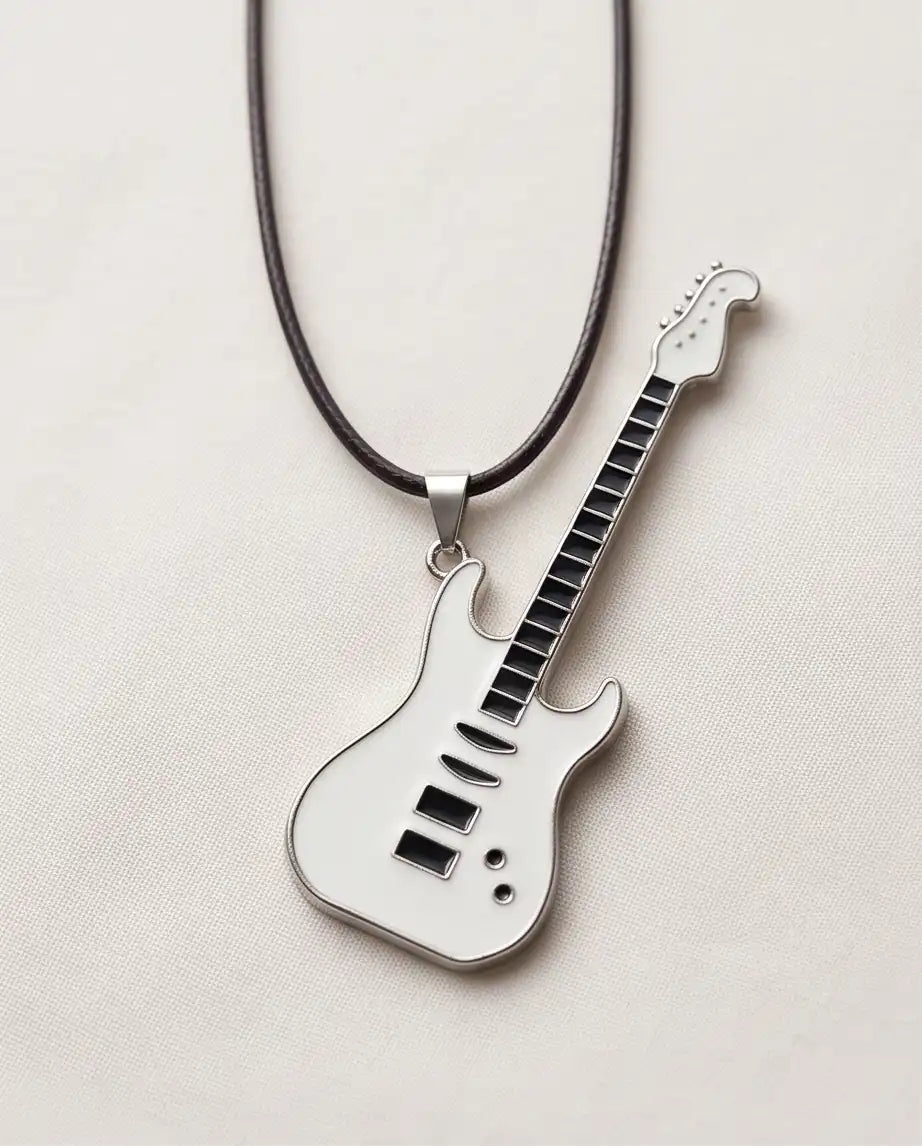 White Enamel Electric Guitar Pendant Silver Box Chain Necklace
