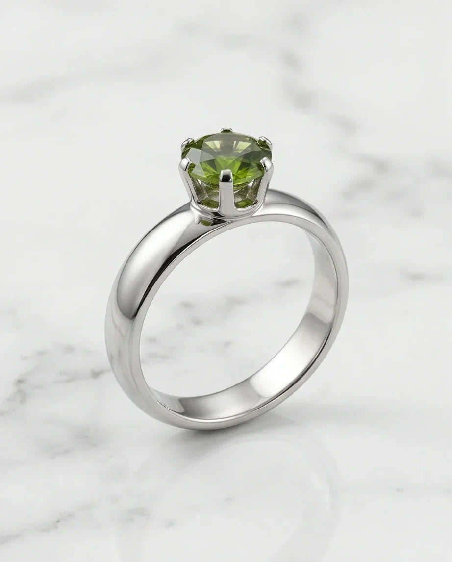 Sterling Silver Round-Cut Olive Green Solitaire Ring