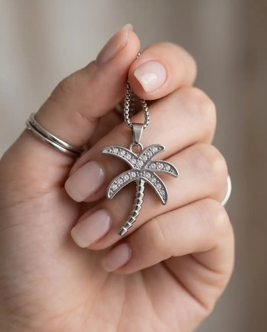 Iced Palm Tree Pendant Silver Box Chain Necklace