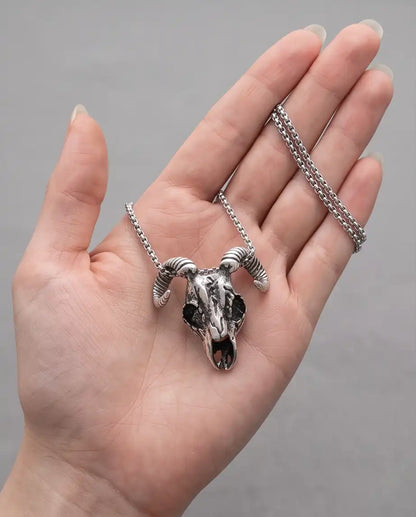 Gothic Ram Skull Pendant Silver Box Chain Necklace