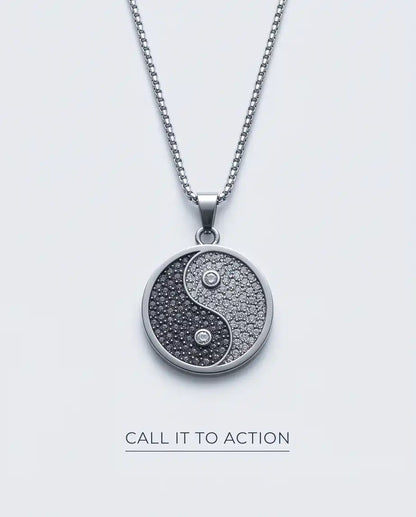 Cubic Zirconia Stippled Yin Yang Medallion Silver Box Chain Necklace