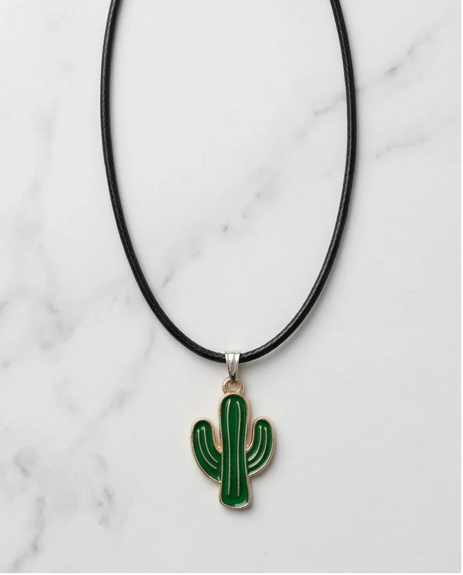 Gold and Green Cactus Pendant Necklace