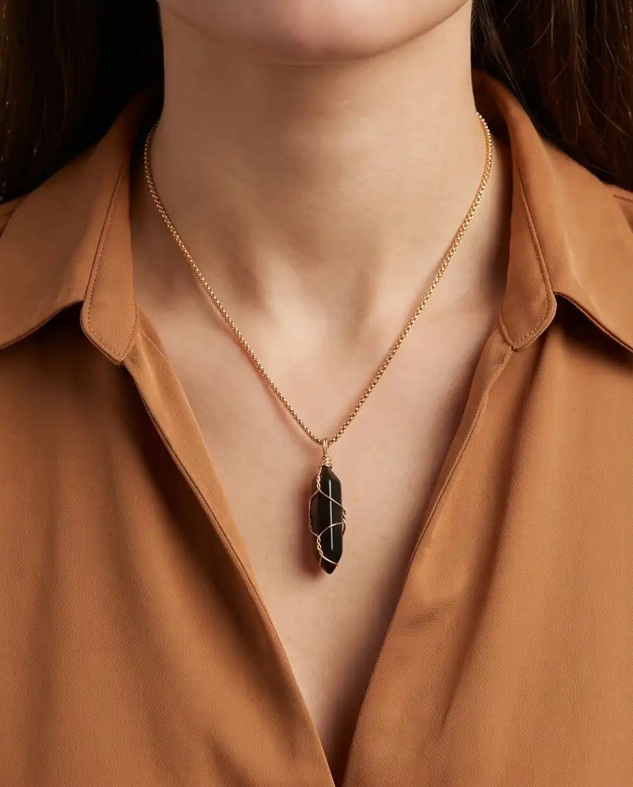 Wire-Wrapped Black Obsidian Crystal Point Pendant Box Chain