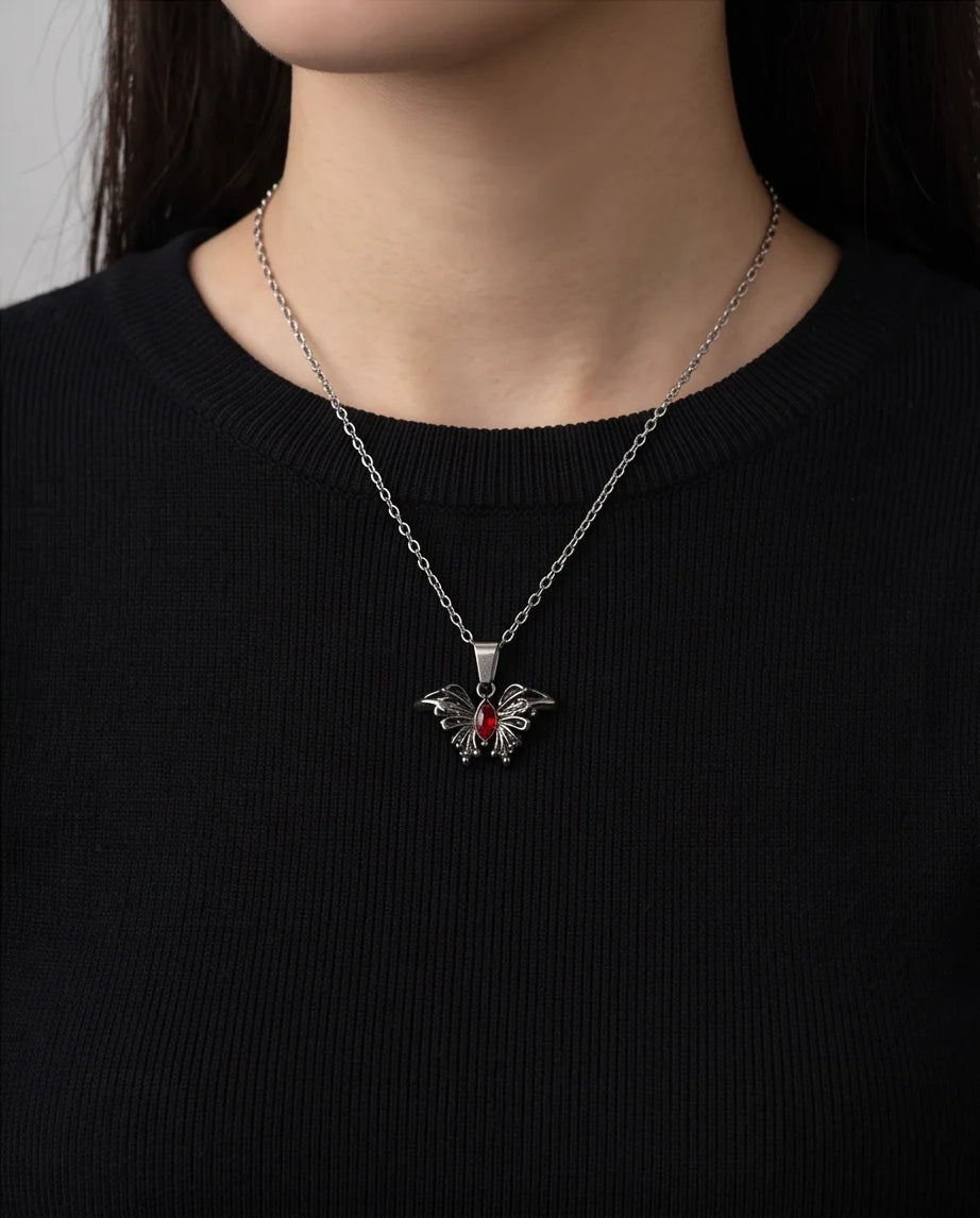 Black Gothic Butterfly Red Gem Pendant Necklace