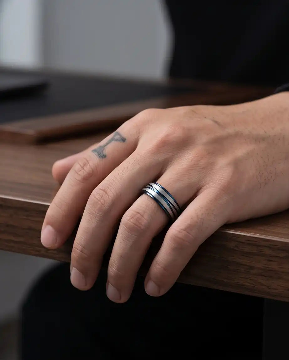 Two-Tone Brushed Silver and Blue Grooved Band Ring