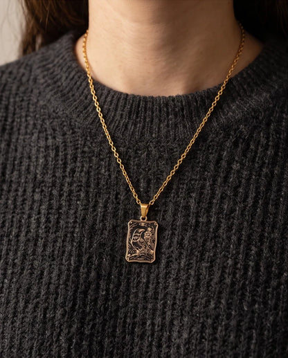 Gold "Death" Raven Tarot Card Pendant Necklace