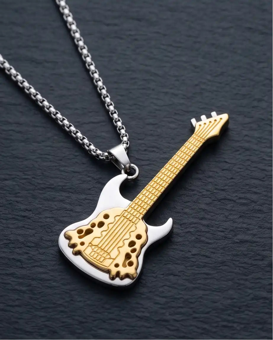 Two-Tone Electric Guitar Pendant Silver Box Chain Necklace