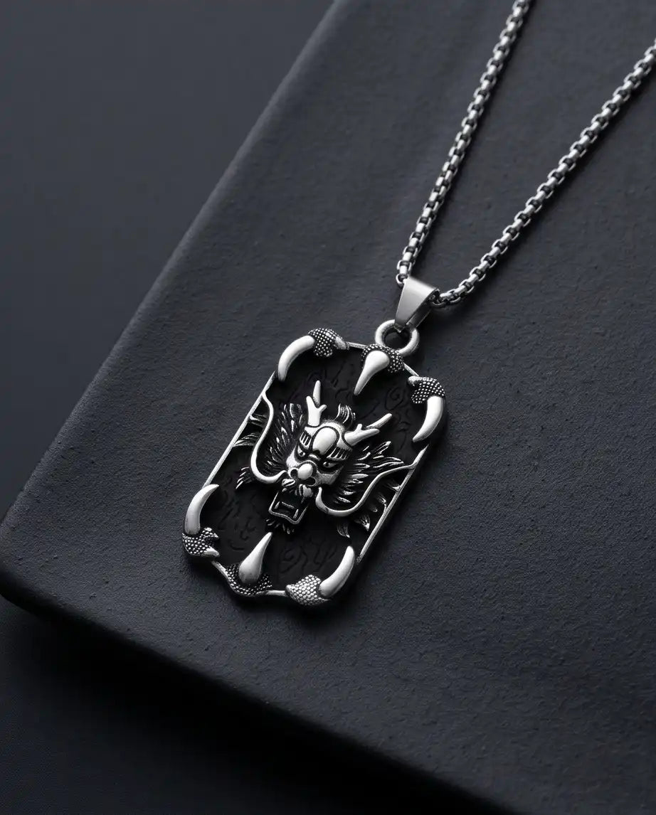 Gothic Dragon Claw Tag Silver Box Chain Necklace